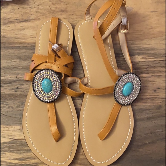 Flat ankle wrap sandels turquoise & sparkle - Picture 4 of 4